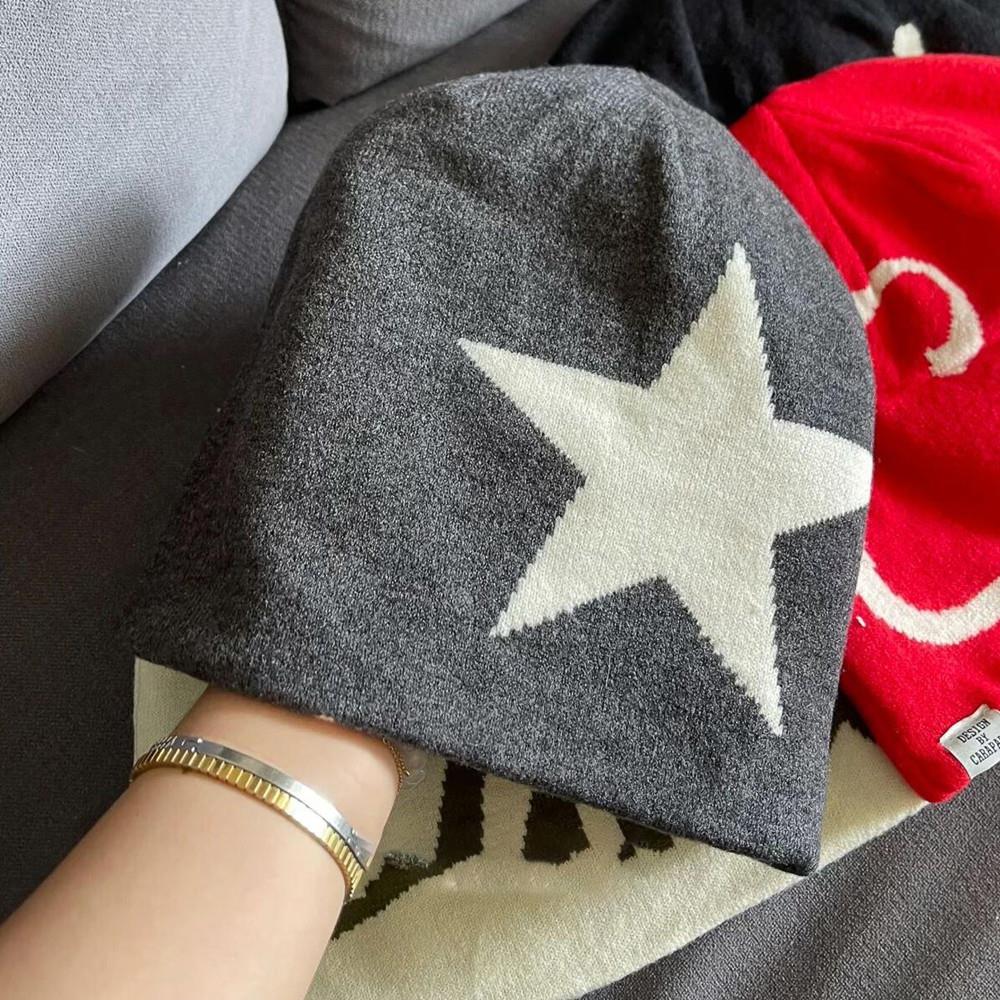 Winter Autumn Warm Knitted Beanies Women Men Y2K Star Pattern Hip Hop Hat Outdoor Cycling Warm Pullover Hat Cold Hat Streetwear