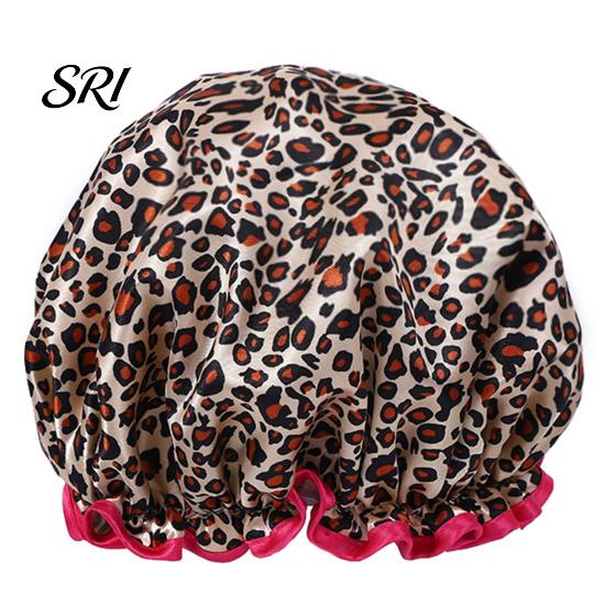 Reusable Shower Cap Leopard Zebra Dot Printing Double Layer Protection Waterproof Hair Hat with Elastic Band Makeup for Long A