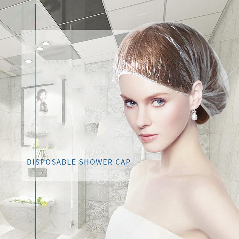 100pcs Plastic Waterproof Clear Hair Caps Shower Caps Multi-Purpose Thickening Elastic Bath Cap Home Hair Salon Portable Use