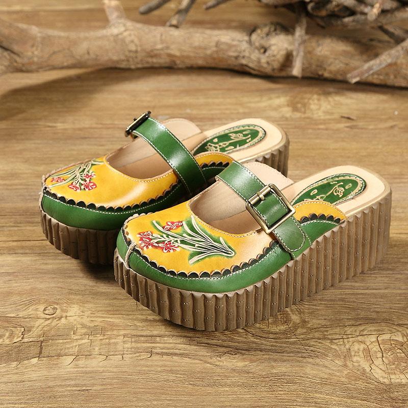 Fashion GKTINOO 2025 Wedge Slides Shoes Women Cover Toes Buckle Flower Cut Out Summer Female Genuine Leather Platform Slippers