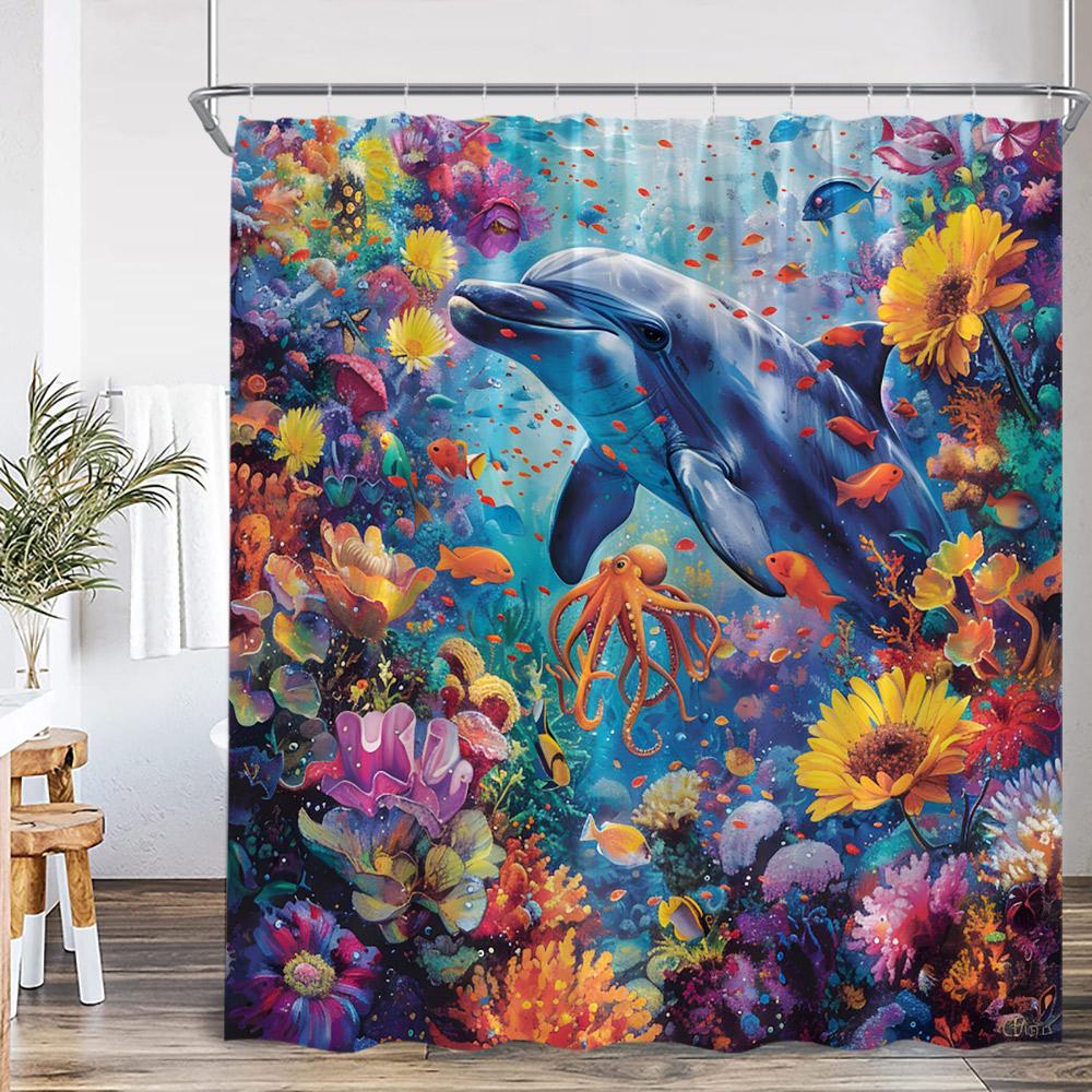 Ocean Animal Shower Curtain Blue Whale Dolphin Seahorse Marine Life Nature Bathroom Decor Sea Poltester Bath Curtain With Hooks