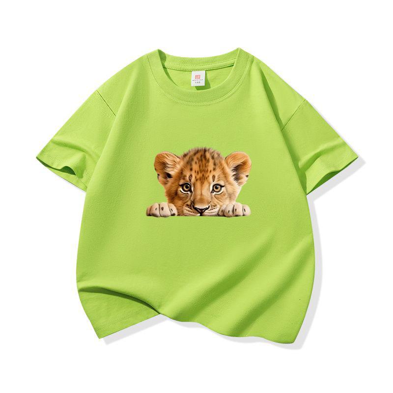 Kids Cotton T Shirt Cute Peeking Lion Cub Print Crew Neck Short Sleeve Tee Casual Breathable Boys Girls Summer Tops