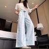 Women Pants Light Blue White Vertical Stripes Loose Straight Cut Long Trousers Bow Print Adjustable Drawstring High Waist Elastic Waistband