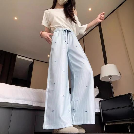 Women Pants Light Blue White Vertical Stripes Loose Straight Cut Long Trousers Bow Print Adjustable Drawstring High Waist Elastic Waistband