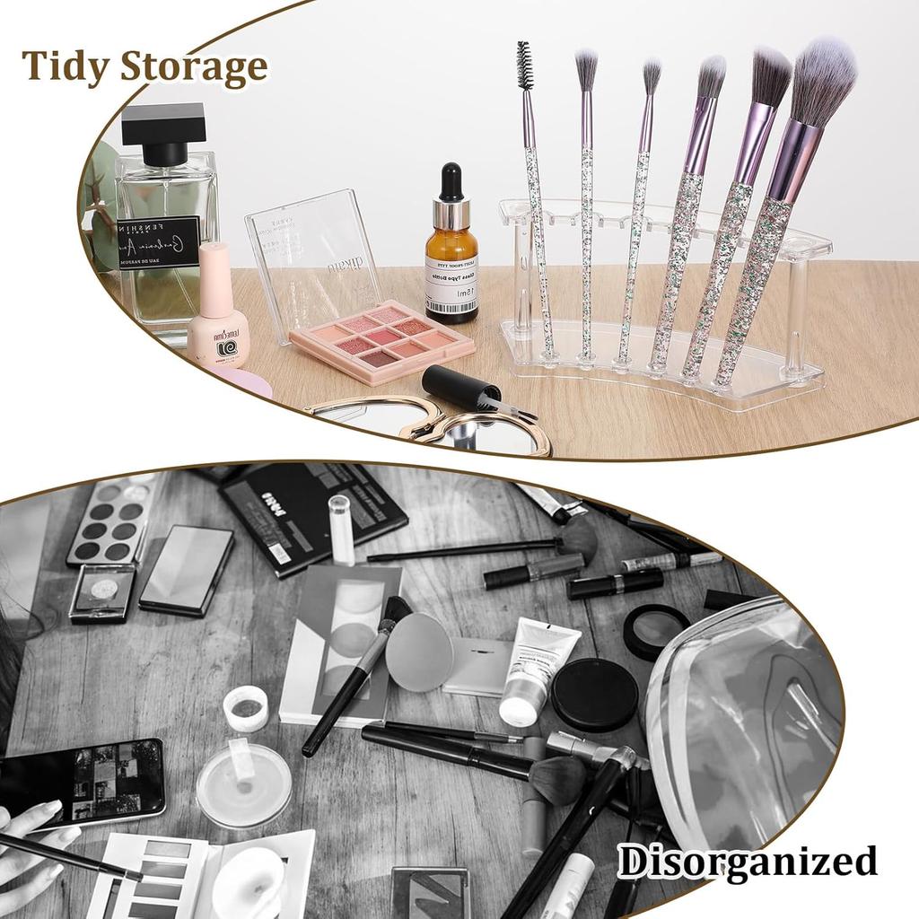 2Pcs Pen Holder Stand for Desk, Clear Pen Display Stand Pen Holder with 6 Slots, Makeup Brush Stand Rack Pen Stand Storage, Eyebrow Pencil Organizer