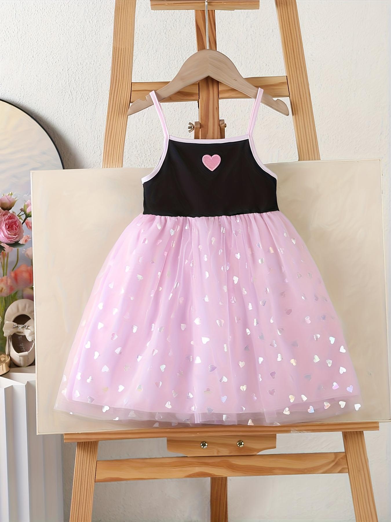 Girls  Summer Sweet Heart Pattern Dress, Sleeveless Contrast Binding Design, Knee-Length A-Type Princess Skirt, Cute Fitted Style 4Y розовый