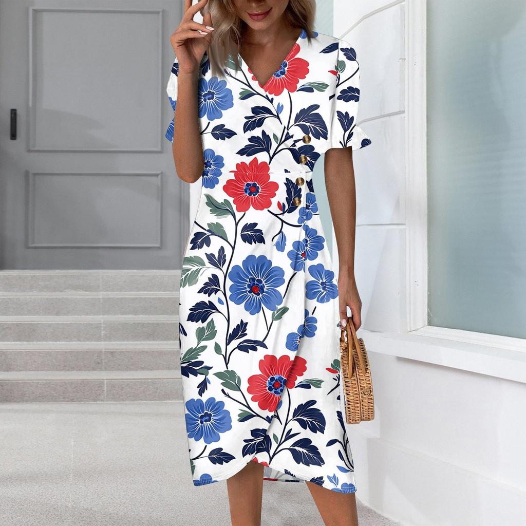 Beach Dresses For Women Spring Summer Elegant Wrap V Neck Floral Boho Dress Flowy Ruched Hawaiian Maxi Dress