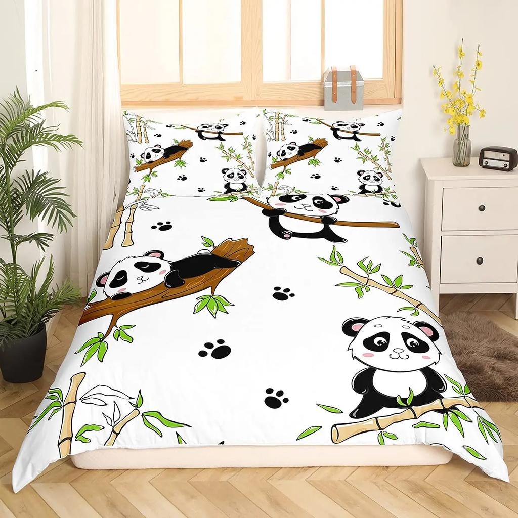 Panda König Komplettes Bettwäscheset Kinder Romantisches Bettwäscheset Cartoon Tier Bettbezug Fahrrad Ballon Libelle Polyester Bettdeckenbezug