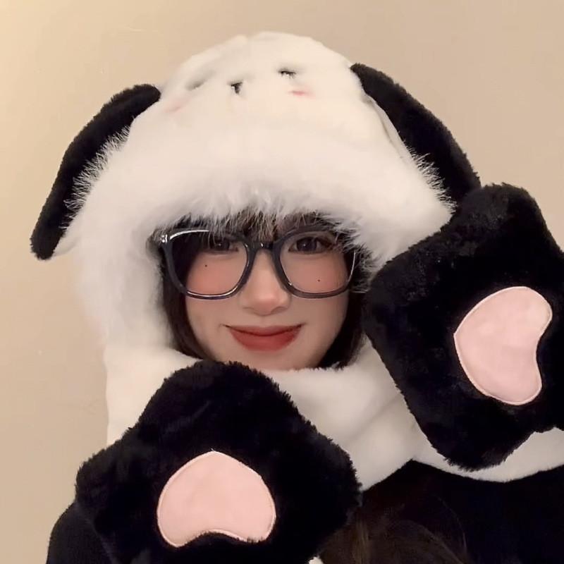 Cute Winter Puppy Ear Hat Scarf And Gloves Set For Women Cozy And Stylish Outfit