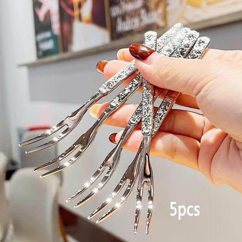 Thickened Stainless Steel Light Luxury Fruit Fork Creative Senior Household Thickened Cake Dessert Fork Hotel Dim Sum Fork 5pcs