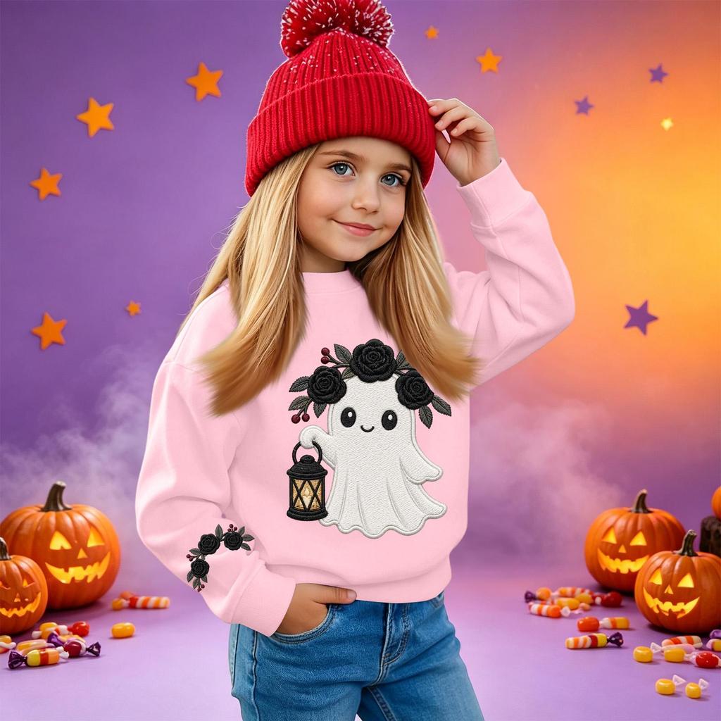 Kids' casual long-sleeved sweatshirt with Halloween print, suitable for holiday parties and everyday wear.