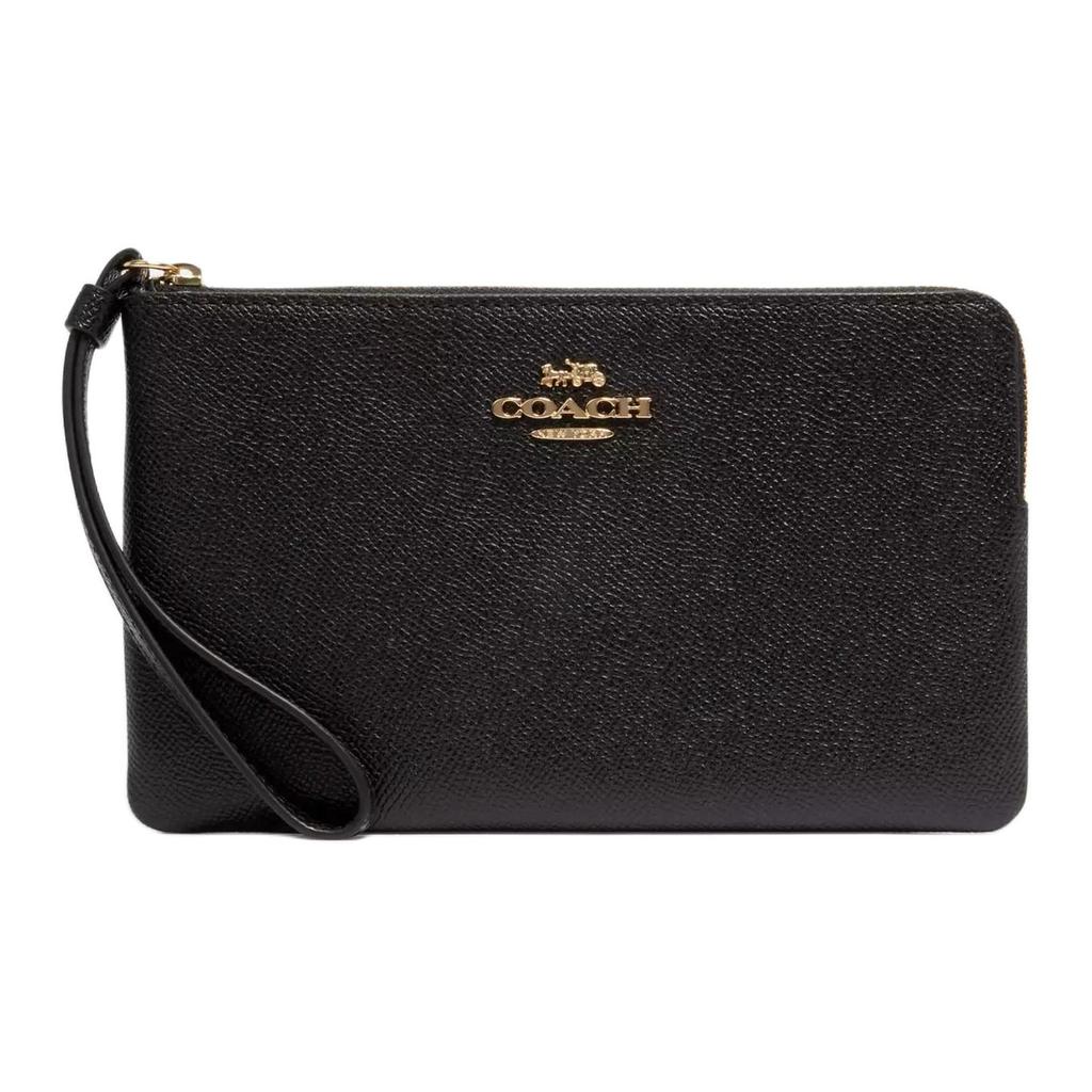 Coach Corner Zip Wristlet 20 With Metal Logo Zipper Closure In Crossgrain Leather Women Wristlet Gold Black CV395-IMBLK