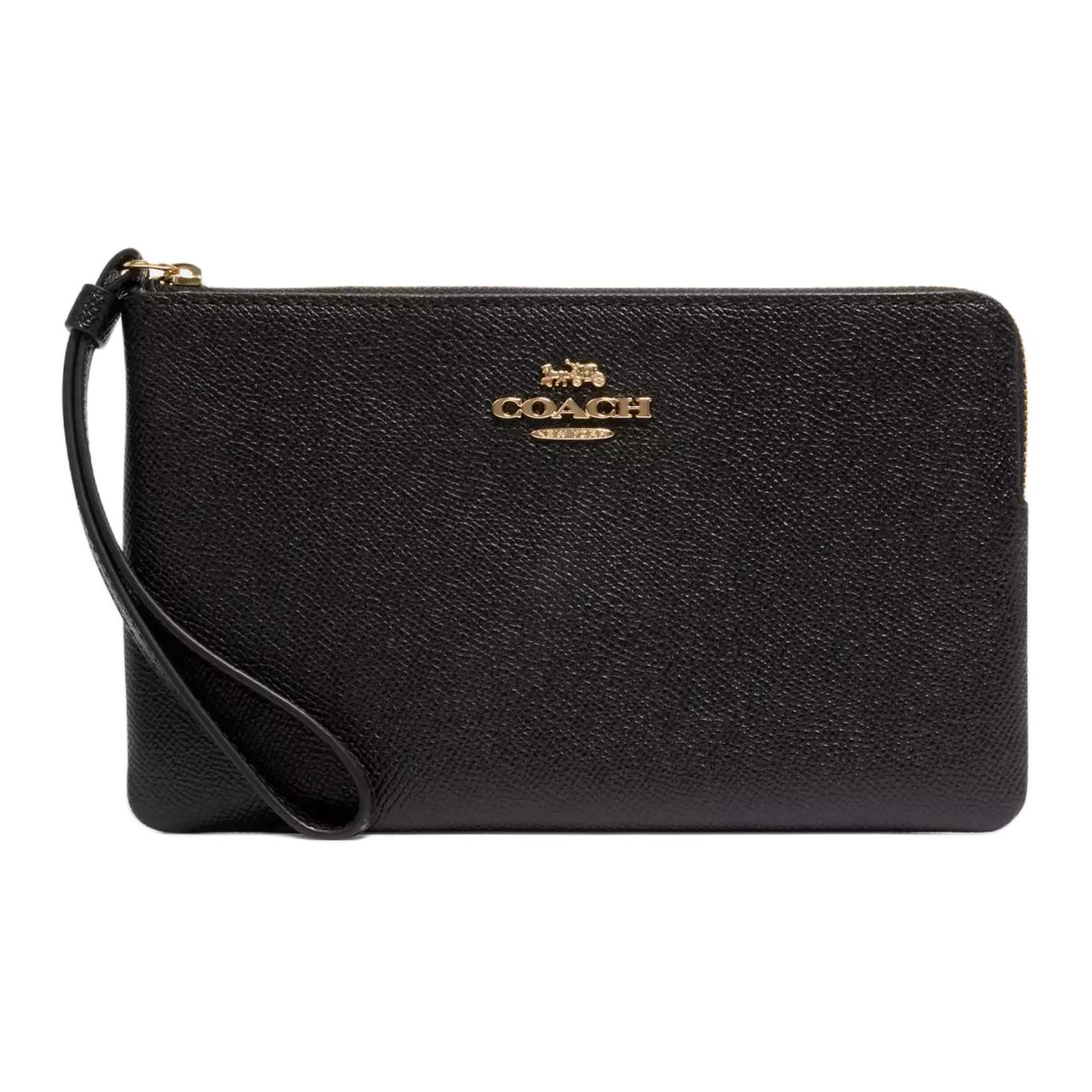 

Coach Corner Zip Wristlet 20 With Metal Logo Zipper Closure In Crossgrain Leather Women Wristlet Gold Black CV395-IMBLK Basic Set (Bag+Dust Bag)