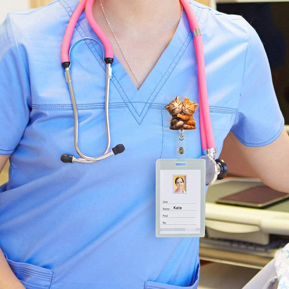 Fun Cat Badge Reel - Expandable ID clip, a cute gift for nurses and medical staff.