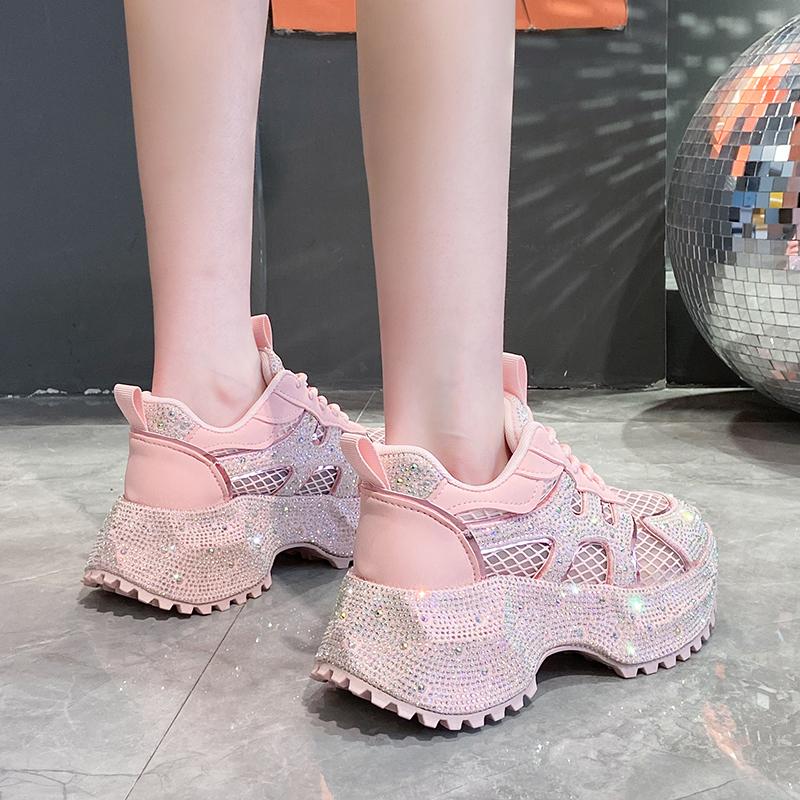 Fashion Luxury Designer Women's Shoes New Rhinestone Women's Sneakers Breathable Hollow Mesh Casual Platform Shoes Zapatos Mujer 7 Cm
