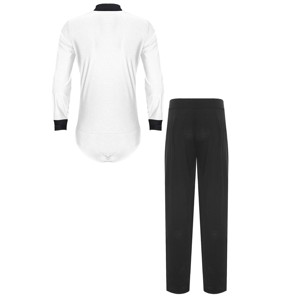 Mens Latin Dance Outfit V Neck Long Sleeve Rhinestone Bodysuit Satiny High Waist Straight Long Pants