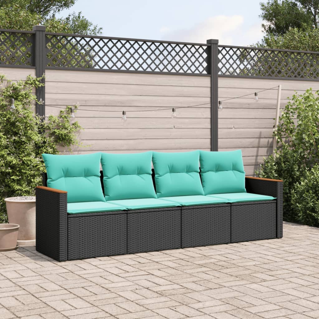 4 Piece Garden Sofa Set with Cushions Black Poly Rattan