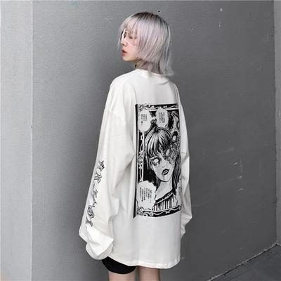 KOSY Harajuku Oversize Long Sleeve T-shirt E Girl Anime Printed Japanese Streetwear Hiphop Punk O-neck Gothic Casual T-shirt Tops for Girls Y2k  Style