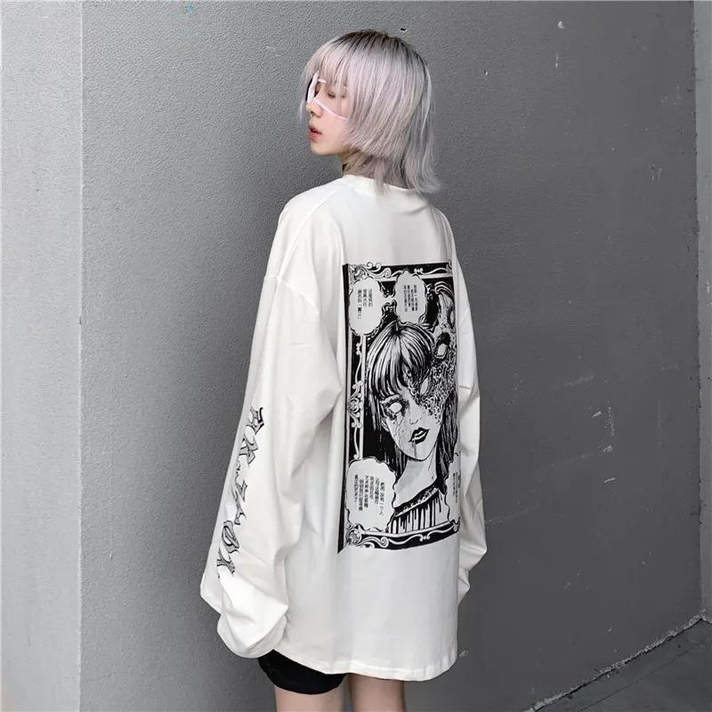 KOSY Harajuku Oversize Long Sleeve T-shirt E Girl Anime Printed