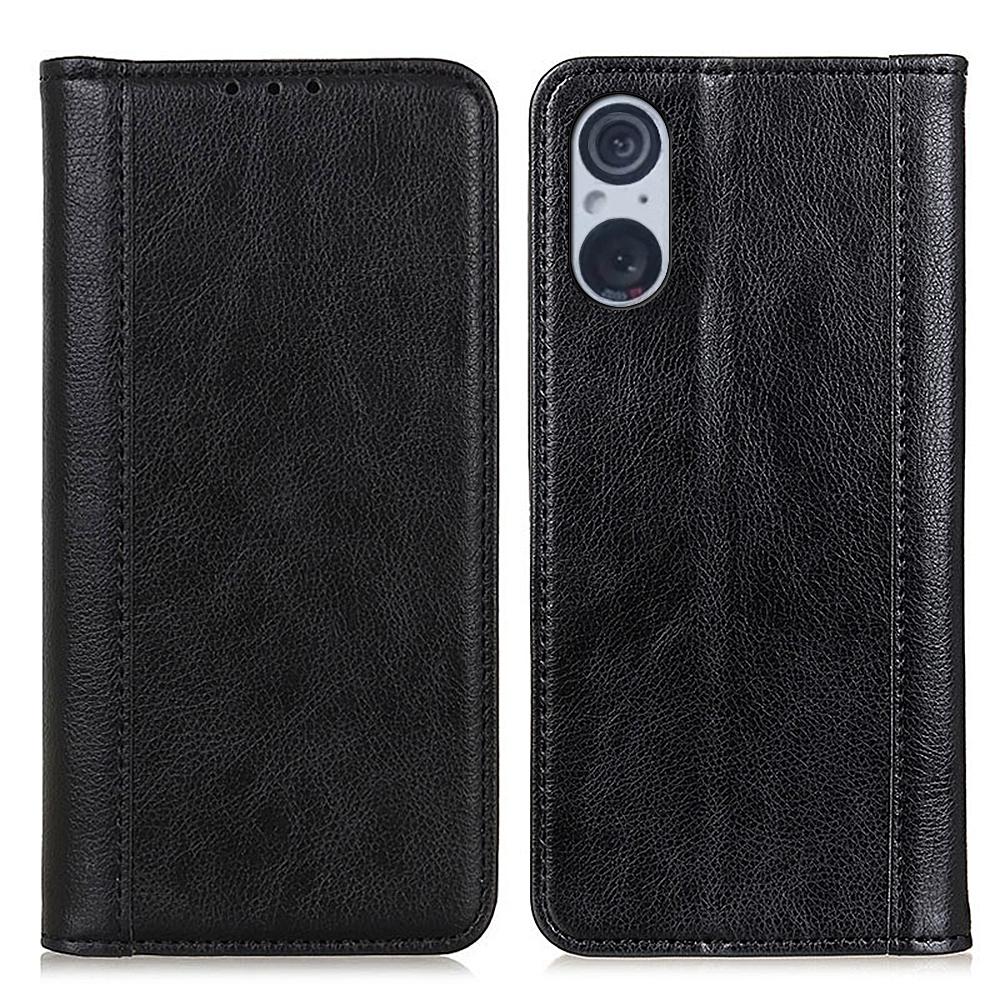 

For Sony Xperia 5 V Split Leather Phone Case Wallet Stand Cover Litchi Texture Protection Shell Black