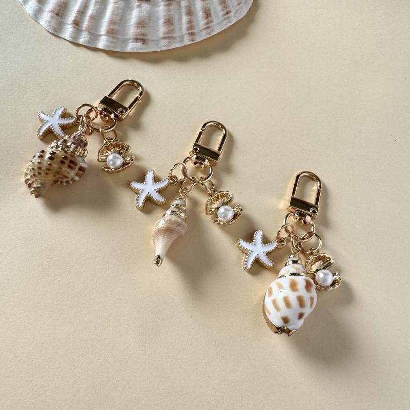 Oceanic Shell Alloy Keychain Pearls Accent Lightweight Versatile Purse Charm Jewelry Multi Functional Accessory