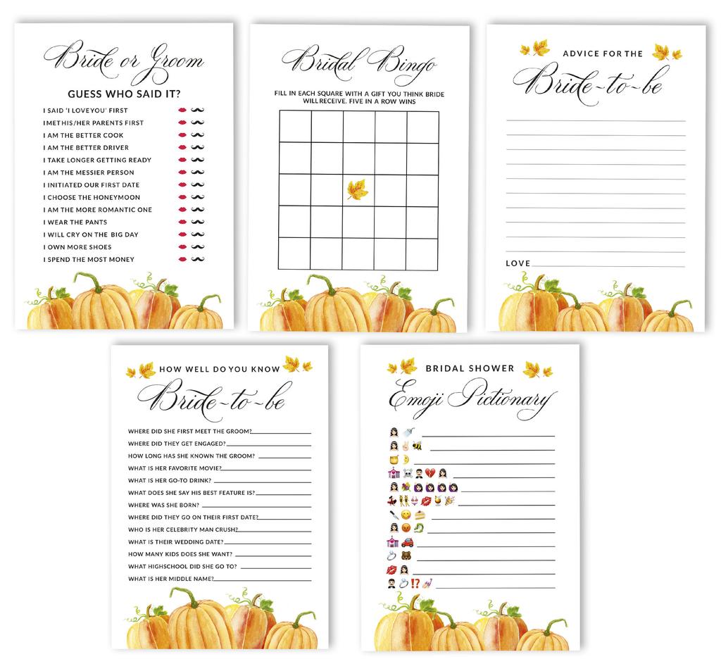 Inkdotpot Pumpkin Theme Bachelorette Party Games Set Bundle of 5 (Activities for 50 Guests) Fun Bridal Shower Games Set