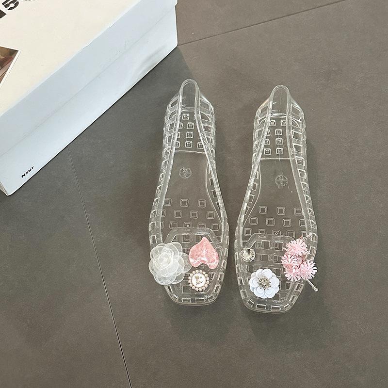 

Универсальные повседневные сандалии с квадратным носком и полыми пайетками в виде цветка, летняя мода, желеобразные туфли с отверстиями, обувь с плоской подошвой и мелким вырезом, одинарные туфли 40 белый