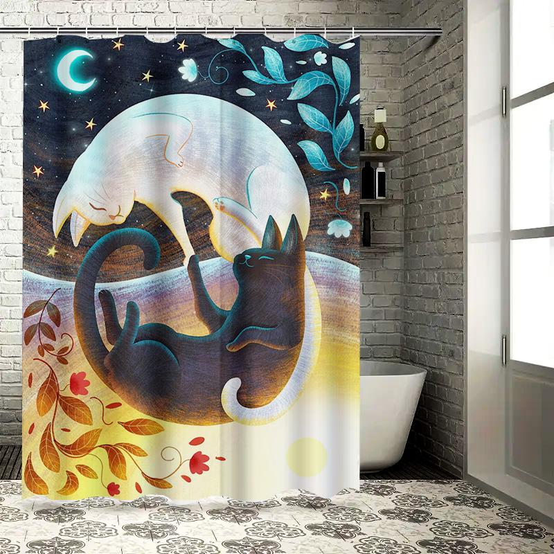 Multicolored Moonlight Cat Shower Curtain Sleepy Kitty Design for Bathroom Decor – Waterproof Fabric with Hook Rings – Perfect G