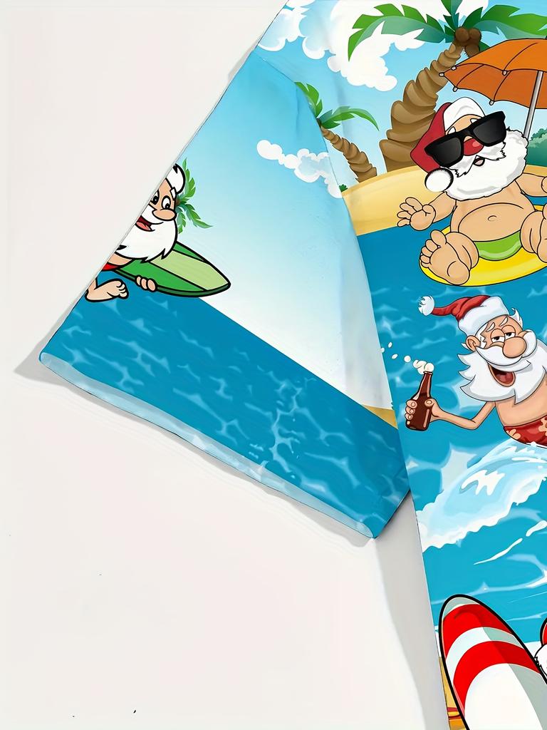 Men's Hawaiian Shirt - Tropical Santa Claus Surfing and Beach Scene Print, Short Sleeve Button-Up Top, Suitable for Casual Outings and Beach