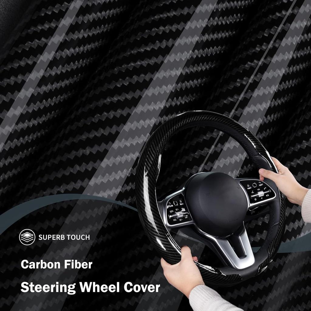 Car Steering Wheel Cover Carbon Fiber Snap On Steering Wheel Accessories Wrap 14.5-15 Inch Universal Grip Anti-Skid Protector, Glossy Black