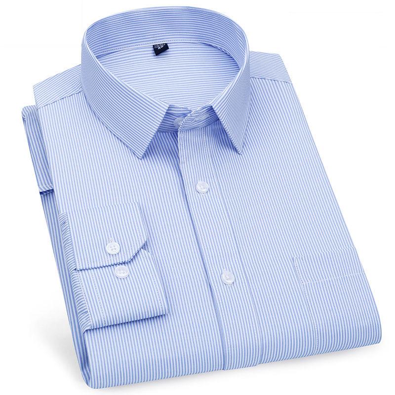 Striped Plaid Checked Men's Business Casual Shirts Regular Fit Long Sleeve White Blue Cotton Social Work Dress Shirts KOACUS