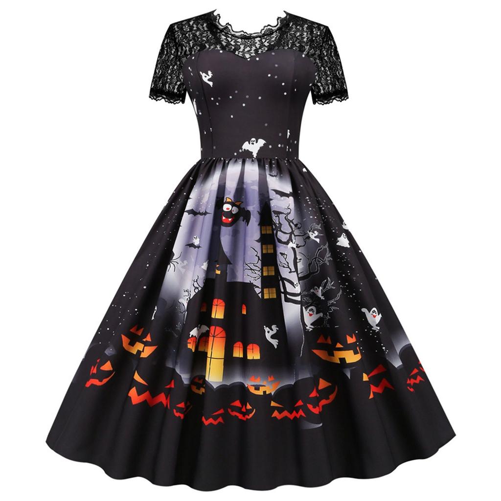 Women's Casual Halloween Print V-Neck Zip Short Sleeve Lace Panel Swing Dress
