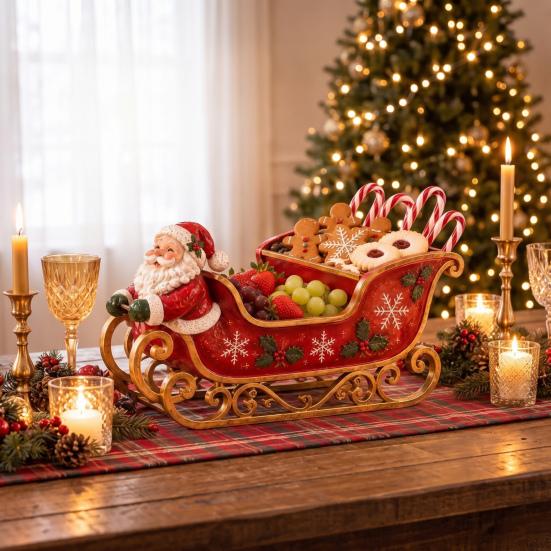 Santa Claus Storage Bowl Sleigh Christmas Table Centerpiece, Multi‑Compartment Candy Fruit Serving Bowl, Festive Tray Tabletop Ornament for