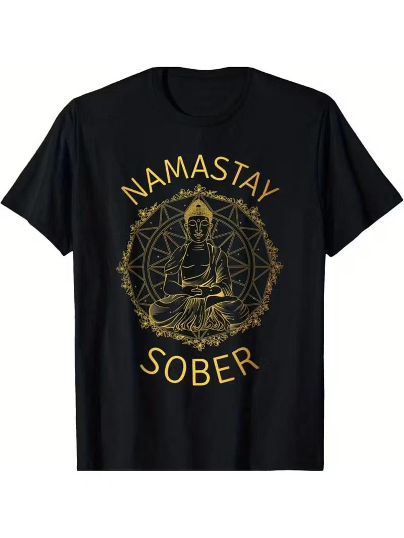 1pc EWH Namastay Sober Cotton TShirt, Casual Crew Neck, AllSeason Loose Fit with M
