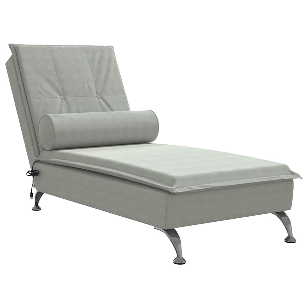 Massage Chaise Lounge with Neck Roll Light Grey Velvet