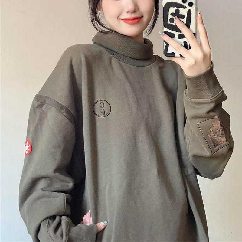 Japonský styl Vintage Podzimní Vítěz Nové Mikiny Dámské Rolák Výšivka Plus Samet High Street Dlouhý Rukáv Volné Topy