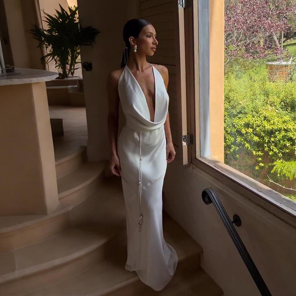 2026 Spring Halter Neck Open Back Strappy Dress - European & American Style, Slim & Flowy Design, Solid Color.