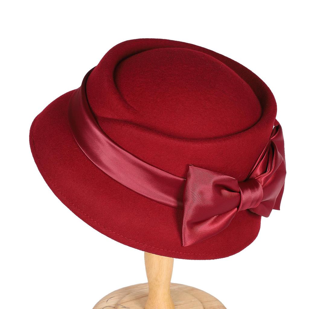 Women’s Vintage Wool Cloche Church Hat with Satin Bow Elegant Bowler Bucket Hat for Tea Party Wedding Garden Formal Events
