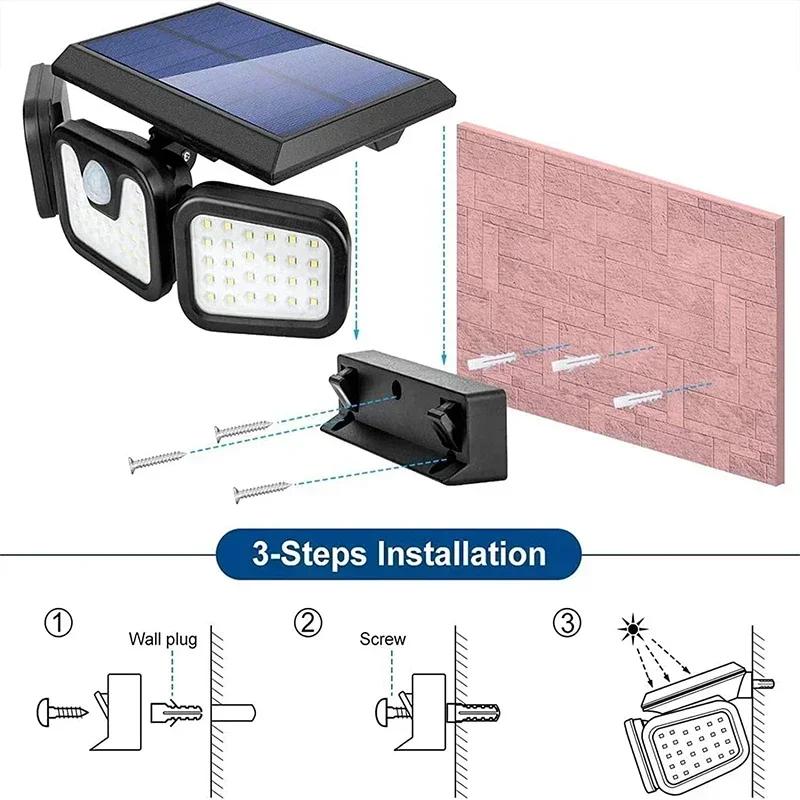 3 Adjustable Head Solar PIR Motion Sensor Security Lights 74 LED Waterproof Lamp