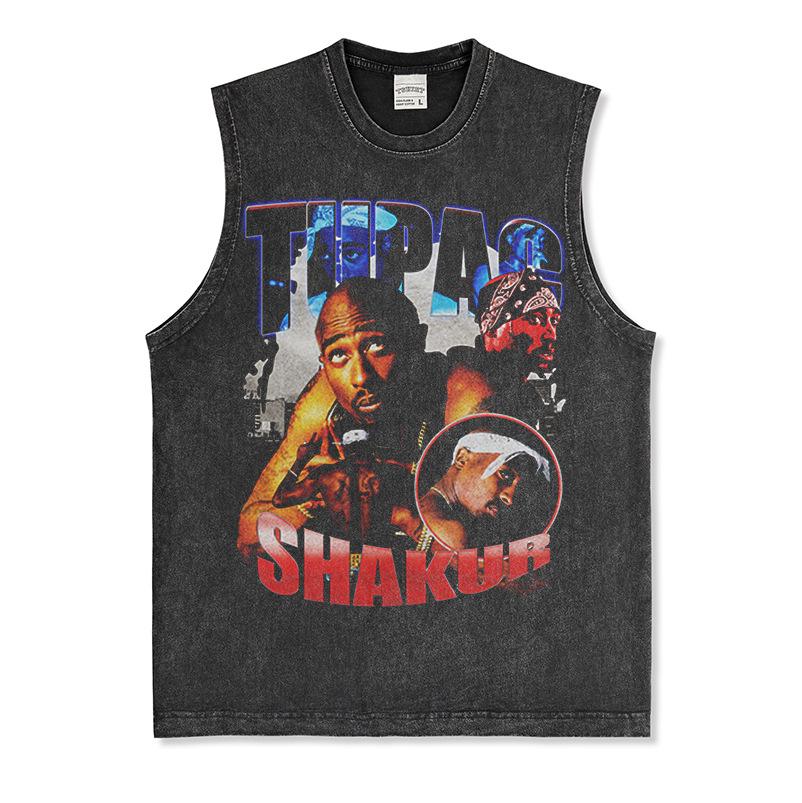 Canotta Senza Maniche Tupac Grafica Retro High Street Cotone Pesante