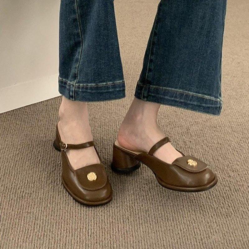 Fashion 2025 Spring Summer Thick Heel Women Mules Slippers Shoes Fashion Cover Toe Slip On Shoes Ladies Casual Street Style Sandalias