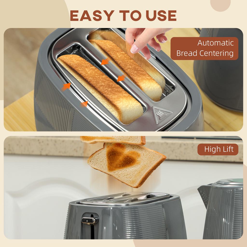 Kettle and Toaster Set, 1.7L 3000W Fast Boil Kettle & 2 Slice Toaster Kitchen Set with 7 Level Browning Controls, Defrost, Reheat