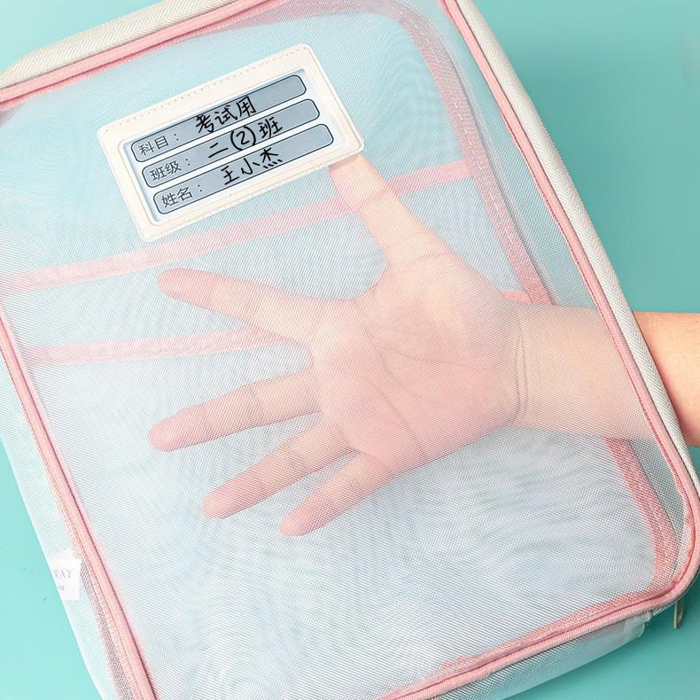 Transparent L-Shaped Document Bag with Zippered Mesh Opening for Handheld Use