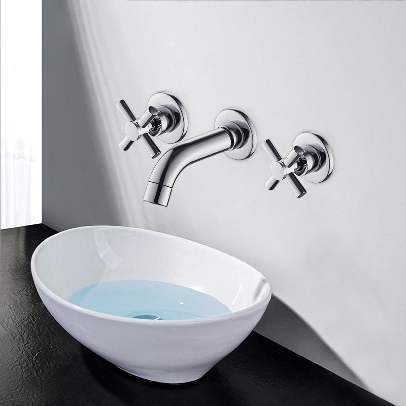 Copper In Wall Double Handle Three Hole Split Basin Faucet, Household Hot and Cold Water Concealed Bathroom Cabinet Faucet Three Piece Set