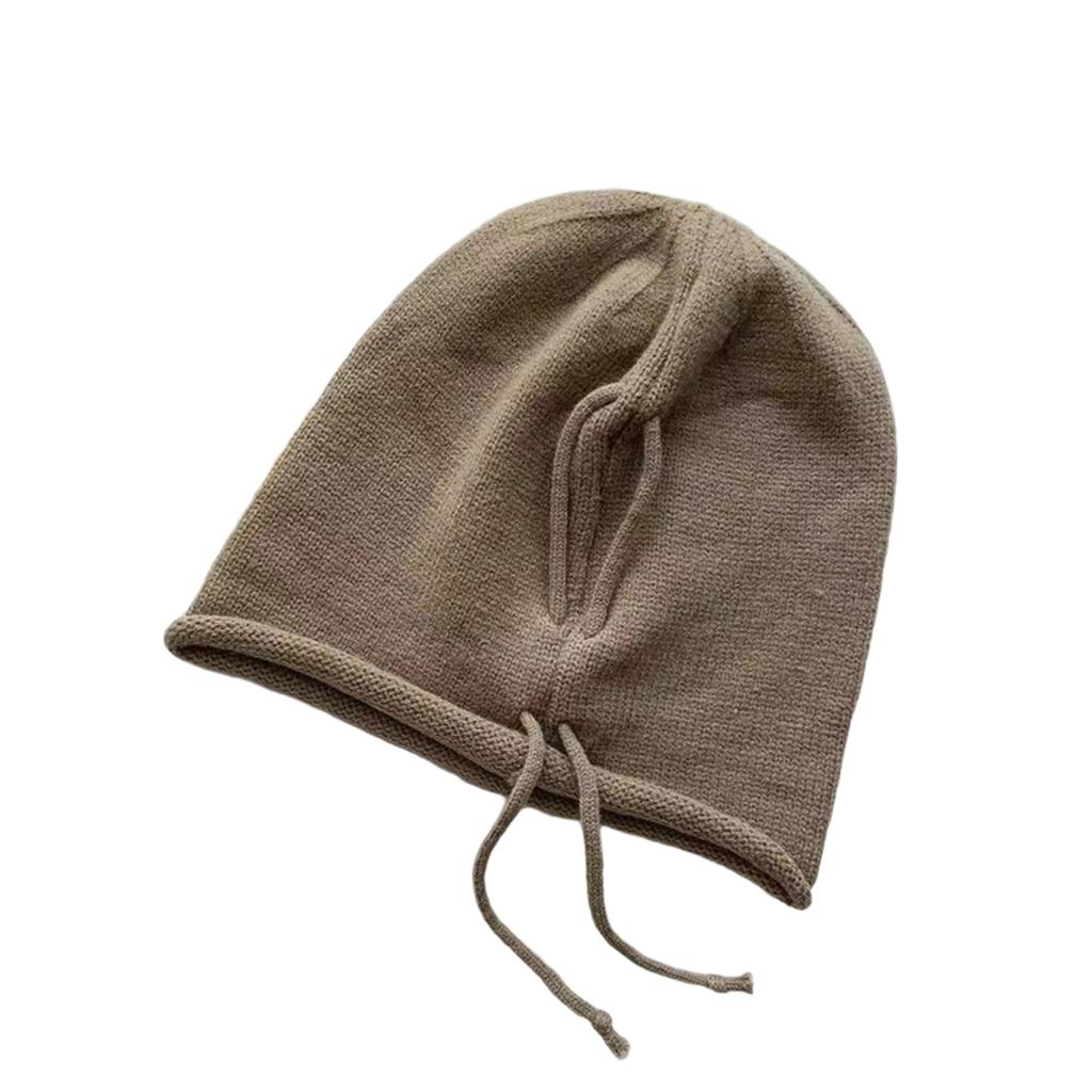 Women's Earmuffs Drawstring Knitted Wool Hat With Curled