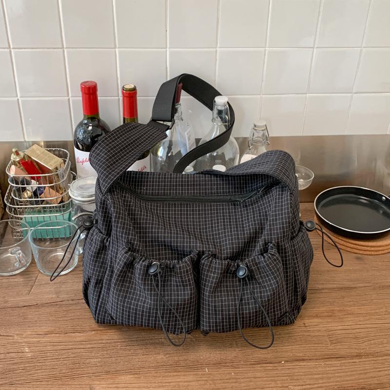 Stylish Plaid Shoulder Bag Korean Minimalist Tote Bag Casual Pleated Adjustable Crossbody Bag Zipper Handbag Fashi Canvas Bag