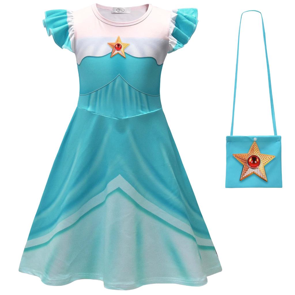 Super Mario Rosalina Cosplay Girls Dress, Blue Princess Gown, Halloween Party Stage Performance Costume, Kids Birthday Gift