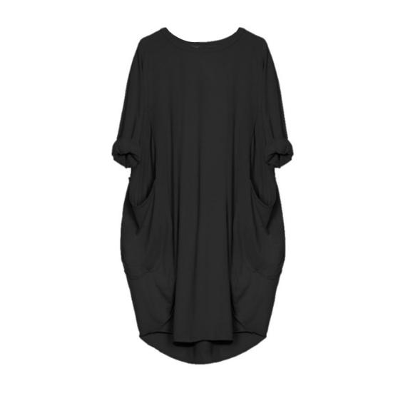 Plus Size Casual Solid Color Women Long Sleeve Loose Midi Dress with Pockets