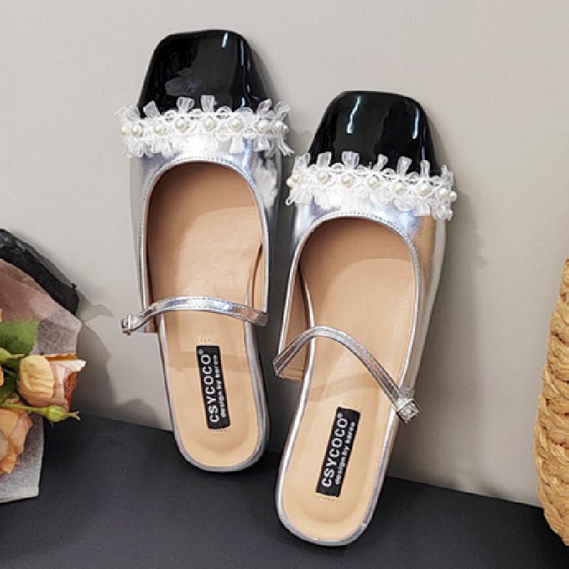 Fashion Elegant Lace Pearl Flat Sandals Women Square Toe Buckle patchwork Mary Jane Shoes Fashion Comfort Luxury Designer Brand Sandals