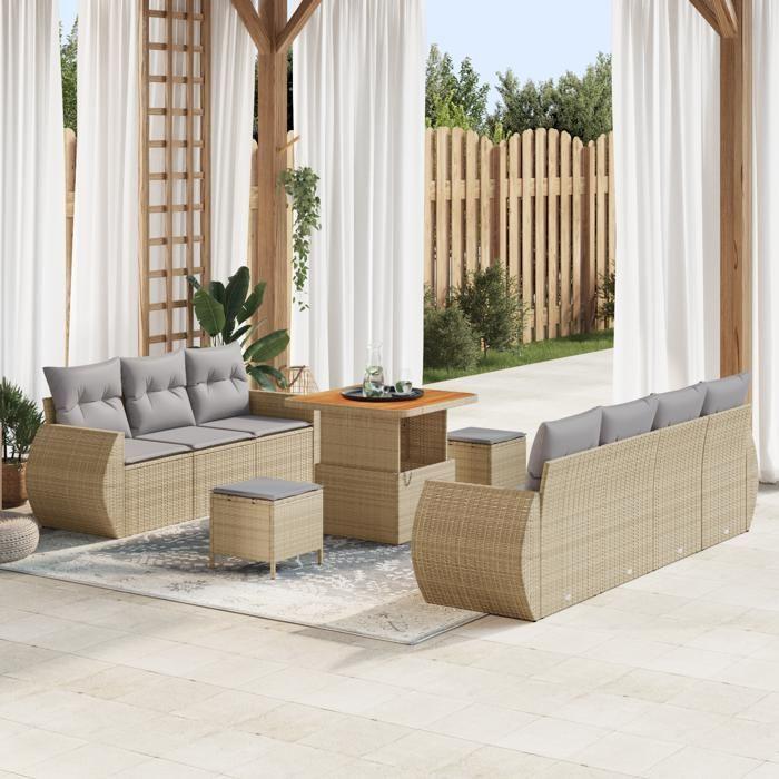 Ensemble de canapé de jardin 10 pièces vidaXL avec coussins en poly rotin beige acacia, Ensemble de salle à manger de jardin 3363787